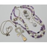 A large white metal Ankh pendant and chain, pearl and amethyst necklace and other items Condition