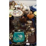 A Noritake dish (gilt rubbed), a Sitzendorf owl, two bird decanters, continental coffee set and