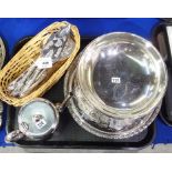 A tray lot of EP - hotelware, teapot, loose cutlery, salver, tray and bowl Condition Report: