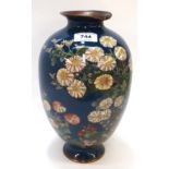 A large Japanese cloisonne vase, decorated with chrysanthemum and other flowers on a teal ground,