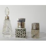 A lot comprising a silver overlaid green glass scent bottle by James Deakin & Sons, rubbed Chester