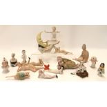 Assorted piano dolls including a moon faced figure, a mermaid and assorted half dolls (16) Condition