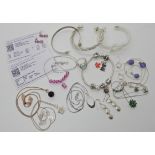 A silver mystic pink topaz necklace and earrings together with Gemporia certificates, a Pandora