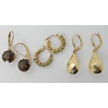 A pair of 14k drop shaped earrings length 3.5cm, weight 2.2gms, a pair of 10k smoky quartz