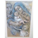 FLORA WOOD Mother and children, signed, watercolour and pastel, 29 x 18cm Condition Report: