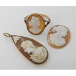 A 9ct gold cameo ring size W, a 9ct mounted cameo pendant and a loose cameo Condition Report: