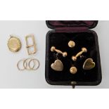 A boxed set of 9ct gold heart shaped cufflinks and a pair of shirt studs, together with a locket