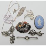 A silver Scottish agate inlaid brooch a Wedgwood brooch and other items Condition Report: