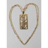 A 9ct gold Mackintosh inspired pendant, dimensions 3.5cm x 1.5cm and box chain length 46cm, weight