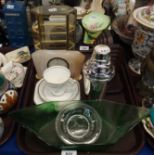 Green cloud glass dish, Duchess China Art Deco trio, Walker & Hall electro-plated cocktail shaker,