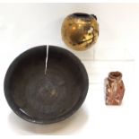 A Japanese Shibayama bowl, 11cm high, a wooden bowl, and a 19th Century agate pottery bottle, 9cm