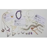 A collection of silver gem set jewellery to include amethyst items, with three Gemporia certificates
