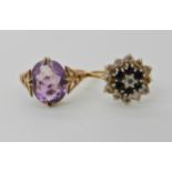 A 9ct gold sapphire and clear gem cluster ring, size O, together with a rose coloured metal amethyst