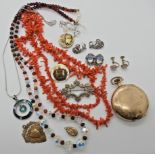 A gold plated Elgin pocket watch, coral beads and other items Condition Report: Available upon
