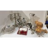 A tray lot of EP - candelabrum, tea service, basket, cockerel figures Condition Report: Available