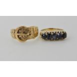 A 9ct gold buckle ring size U1/2 and a yellow metal five stone sapphire ring, size O1/2, weight