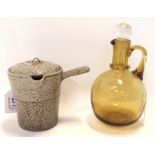 A studio pottery handle jug, impressed monogram JP and an amber glass small jug with stopper, 18cm