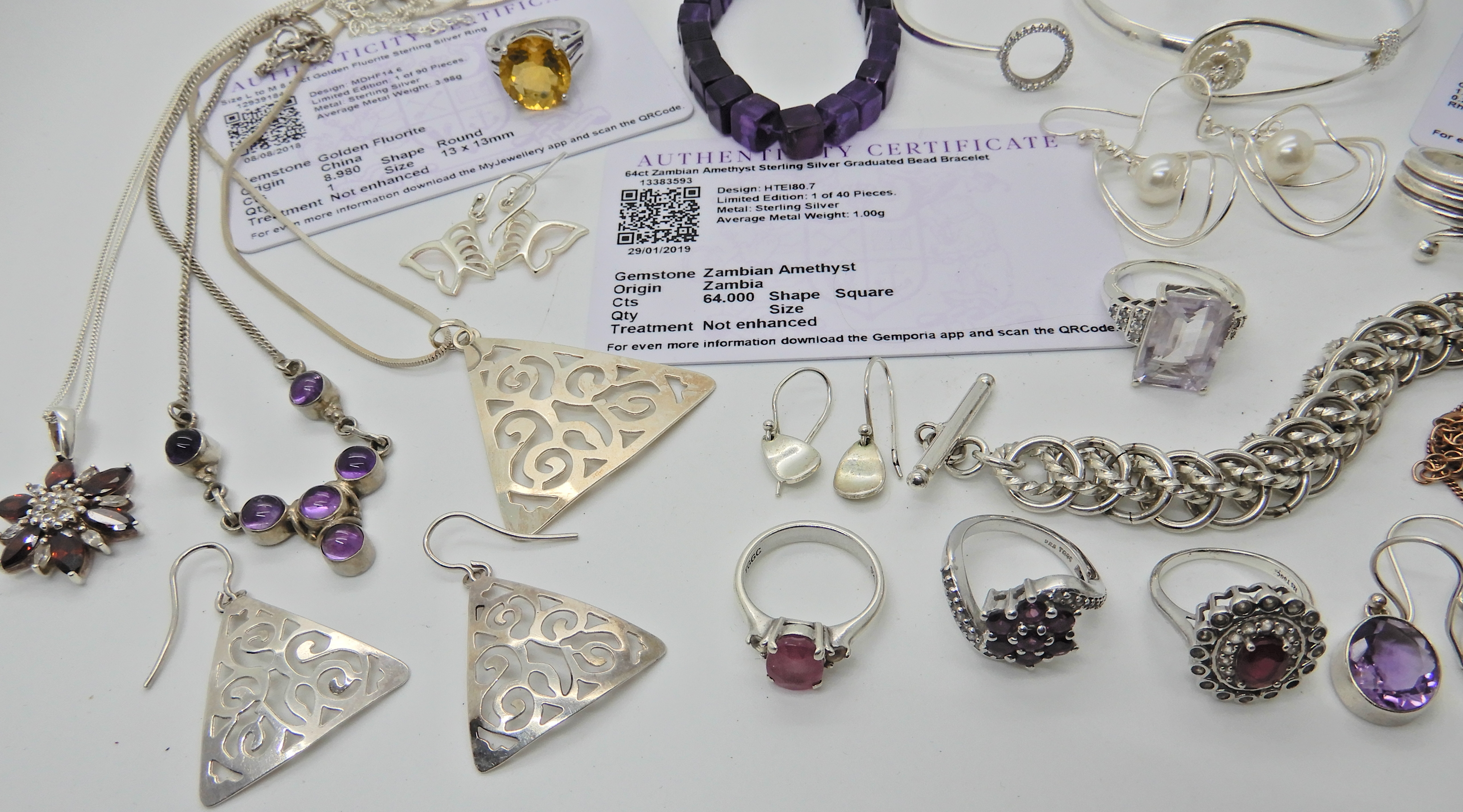 A collection of silver gem set jewellery to include amethyst items, with three Gemporia certificates - Image 6 of 6
