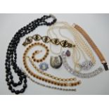 A string of faux pearls with a good diamante clasp and other items Condition Report: Available