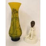 A yellow cameo glass vase, with tree decoration, 22cm high, together with a Minton figure Spellbound
