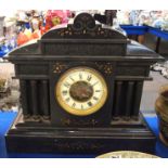 A Victorian black slate mantel clock of architectural form, 41cm high Condition Report: Available