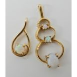 An 18ct gold three opal pendant length 3.2cm, weight 2.7gms and a smaller example in 14ct gold set