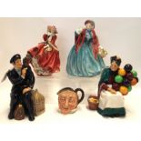 Four Royal Doulton figures including Lady Charmian, Top o the HIll, The Old Balloon Seller and Shore