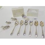 A Mappin & Webb caddy spoon, two silver teaspoons, Edinburgh hallmarks, three sterling silver ducks,