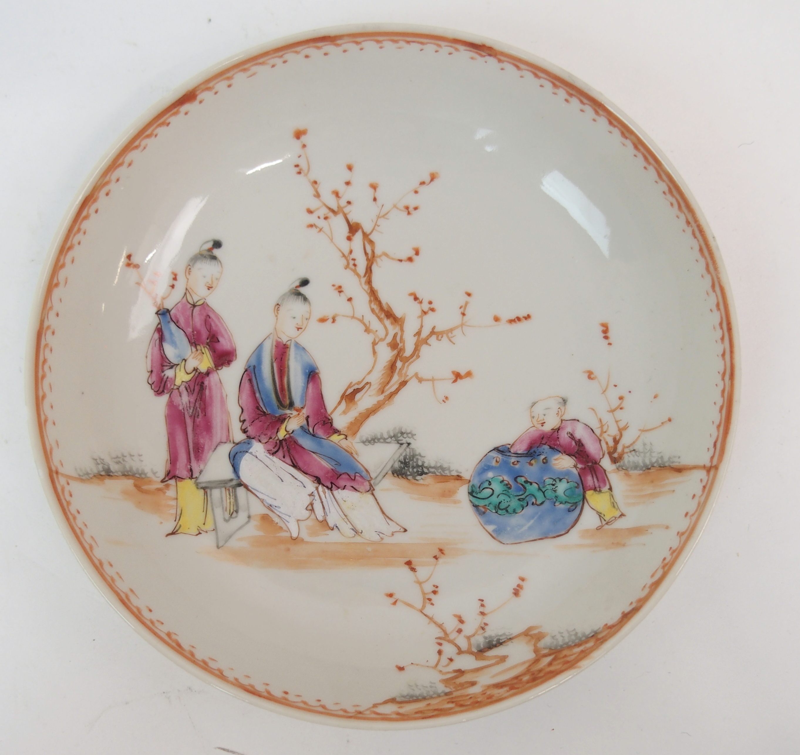 FIVE CHINESE EXPORT RICE BOWLS AND SAUCERS painted with ladies and children in garden landscapes ( - Image 14 of 27
