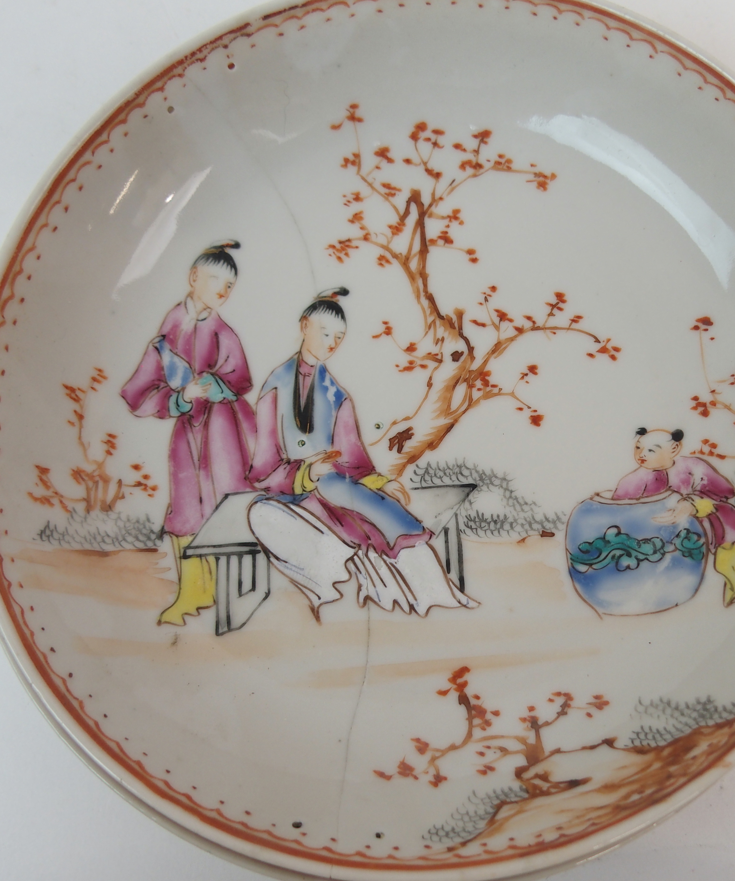 FIVE CHINESE EXPORT RICE BOWLS AND SAUCERS painted with ladies and children in garden landscapes ( - Image 21 of 27