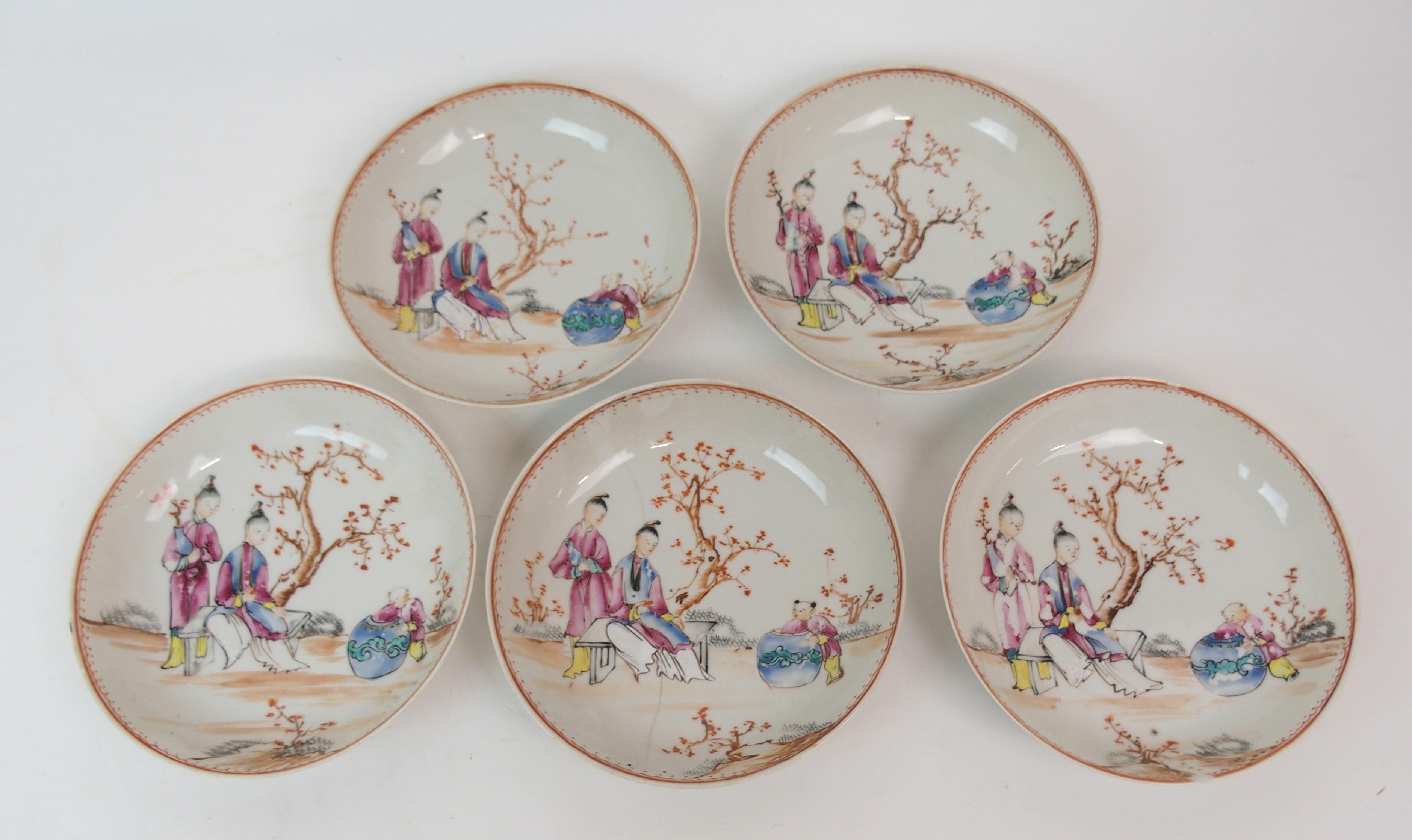 FIVE CHINESE EXPORT RICE BOWLS AND SAUCERS painted with ladies and children in garden landscapes ( - Image 9 of 27