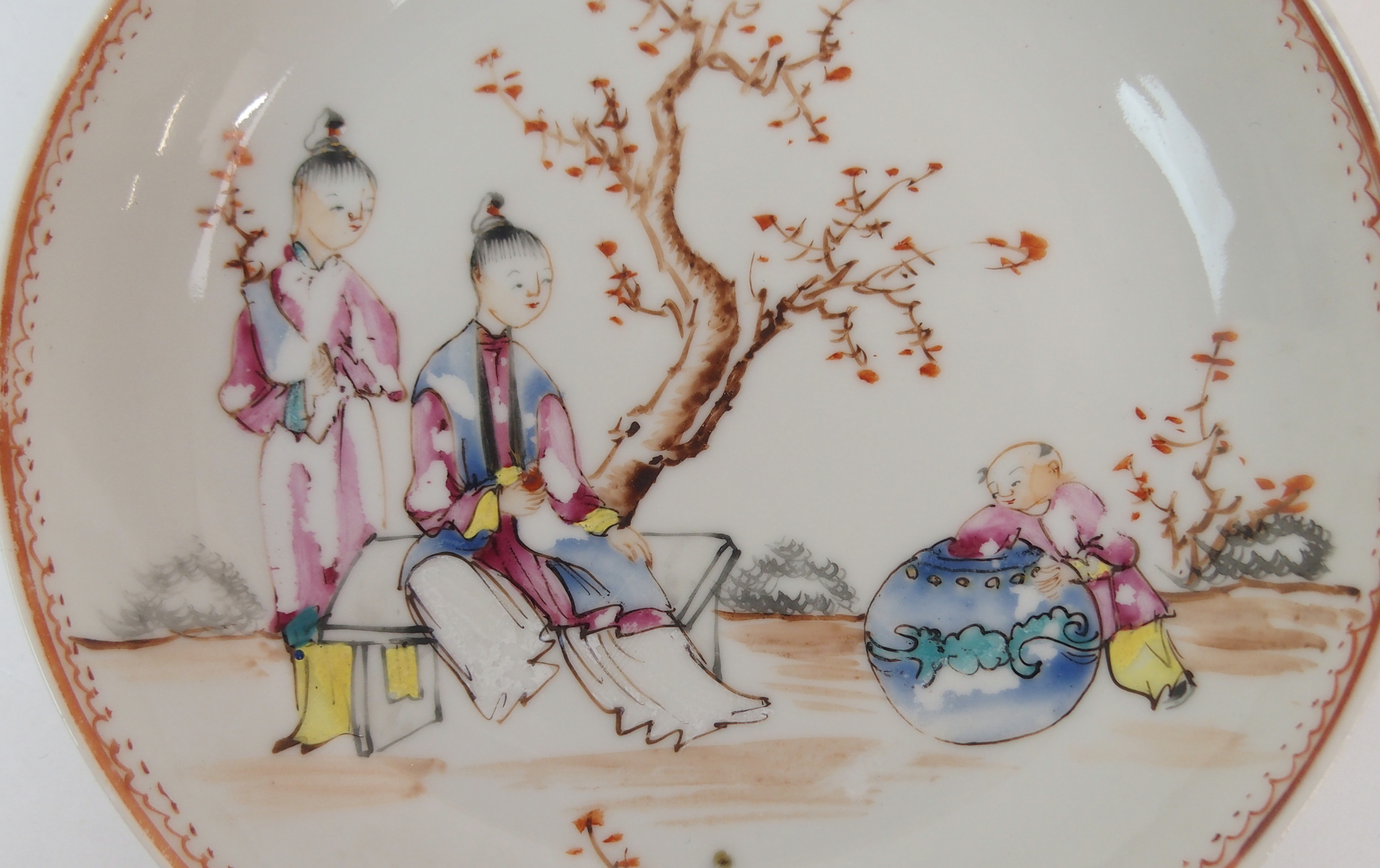 FIVE CHINESE EXPORT RICE BOWLS AND SAUCERS painted with ladies and children in garden landscapes ( - Image 22 of 27