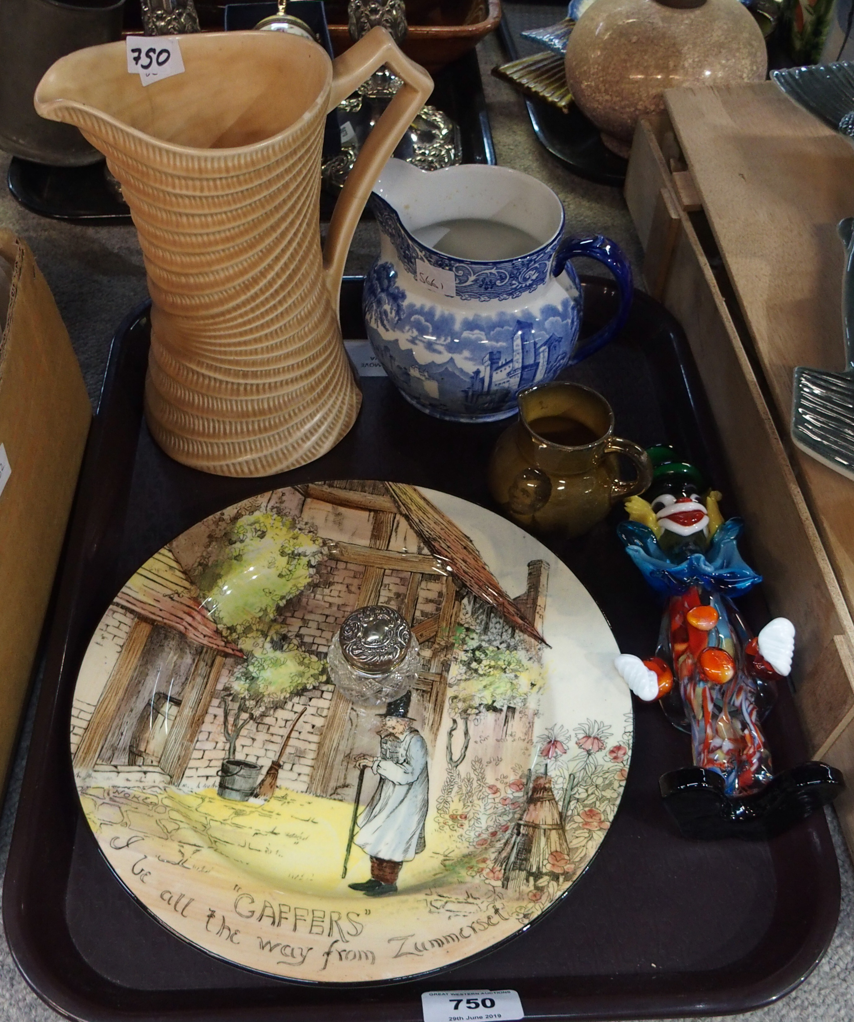 Silver topped glass pot, Doulton Gaffers Series Ware plate, Italian glass clown, Ridgways jug etc