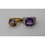 A 9ct yellow gold amethyst ring size N1/2, a 9ct white gold amethyst and clear gem set ring size