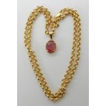 A 9ct gold belcher chain with a yellow metal mounted pink gem pendant, weight 5gms Condition Report: