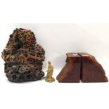 A Chinese soapstone mountainscape carving, 27cm high, a pair of burr wood bookends, 12.5cm high