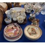 A pair of Belleek vases and pot, assorted collectors plates, trinket boxes, Friedel figures etc