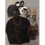 A leather sporran, plated cantle, ladies evening bag, Kirsop leather flying hat etc Condition