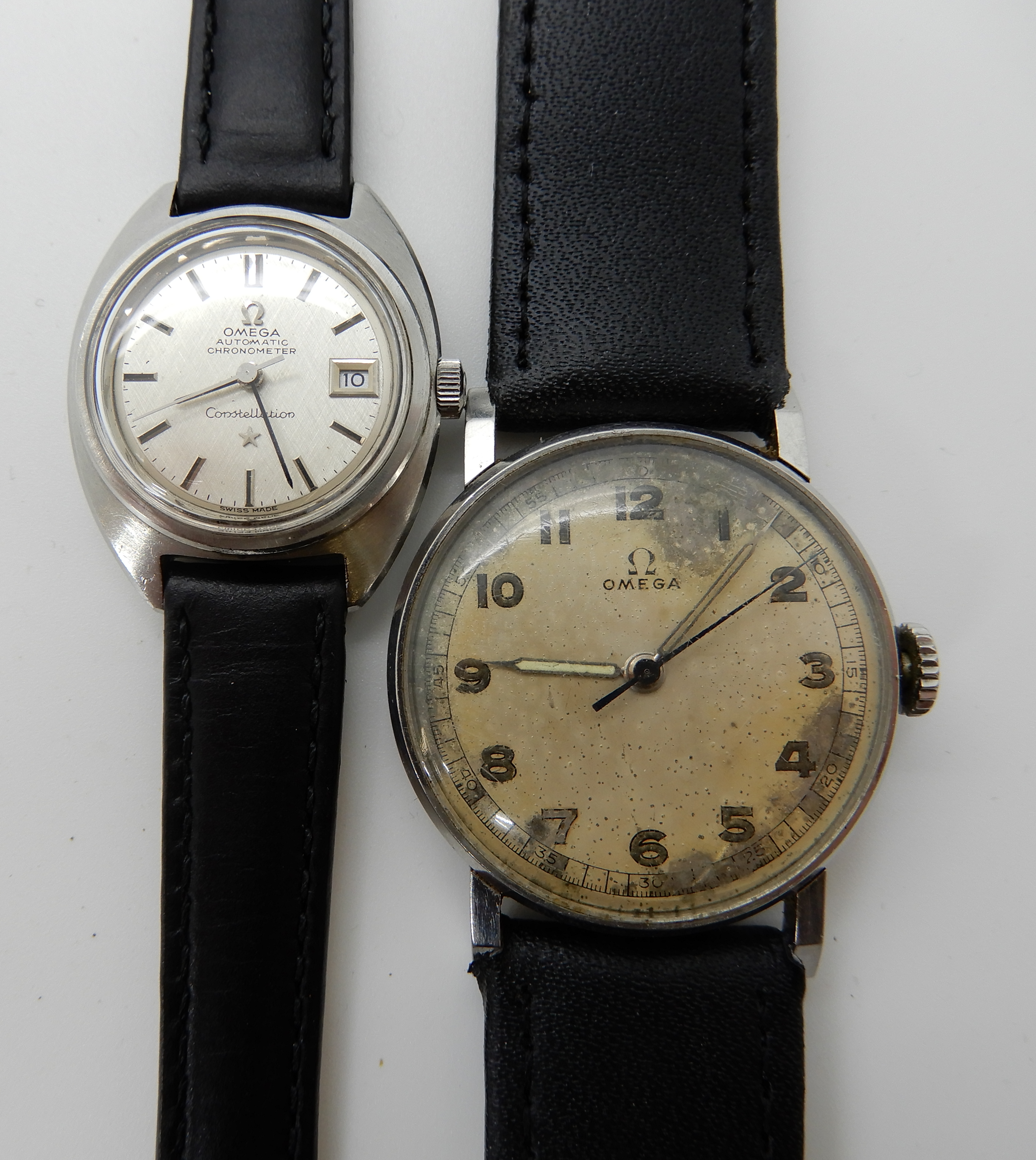 A gents stainless steel Omega wristwatch with new calf grain strap, diameter of case 3.2cm, and a