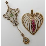 A 9ct red gem heart shaped pendant dimensions 3.2cm x 4cm, together with a 9ct peridot, pearl and