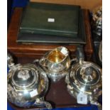 A tray lot of EP - four piece tea service, cased cutlery Condition Report: Available upon request