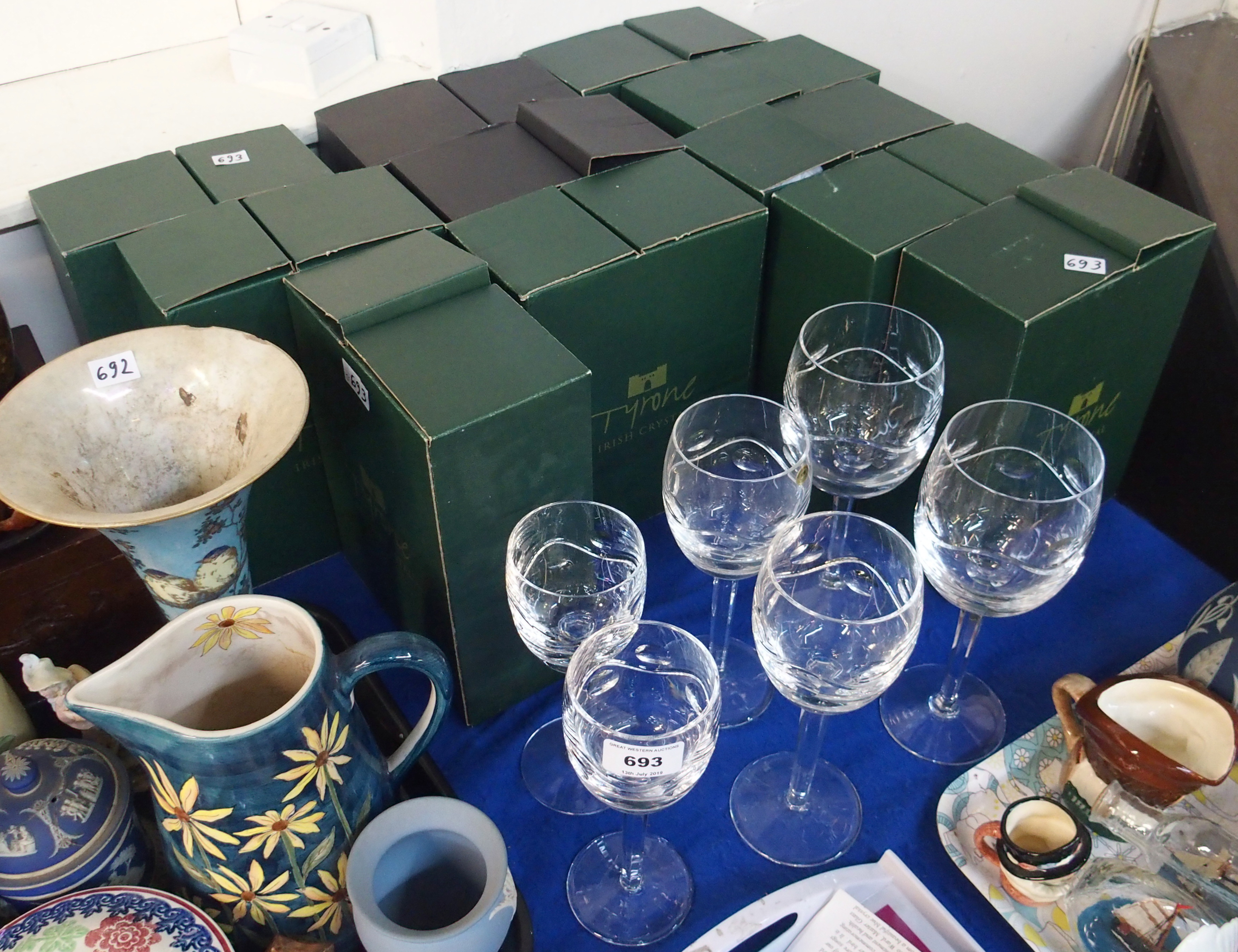 A set of six Tyrone Crystal Neptune design white wine glasses, 20cm high, ten wine glasses, 22cm