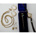 A 9ct gold rope chain length 40cm, 9ct ladies Bernex watch head, yellow metal cherub earrings, 14k