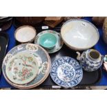 A collection of Chinese porcelain to include blue and white dish, 15.8cm diameter, teapot, Canton