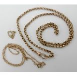 A 9ct gold belcher chain length 59cm, a 9ct vintage trace chain length 40cm and a small piece of