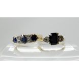 An 18ct gold oblong sapphire and diamond ring, size O1/2, together with a 18ct and diamond cluster