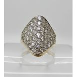 A 14k yellow gold retro diamond cluster ring, the lozenge shape set with estimated approx 1.4cts