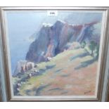 MARGARET LAW Mountains Millorca, signed, oil on board, 38 x 38cm and two others (3) Condition