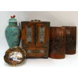 A Chinese porcelain jar and cover, 29cm high, a Chinese wooden table cabinet with inset green