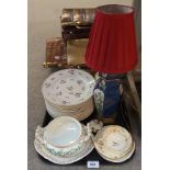 Ten 19th Century Derby plates, tureen base and stand, ceramic table lamp, cups and saucers etc